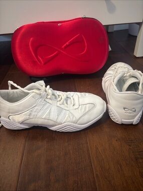 Infinity White Cheerleading Sneakers with Red Travel Case